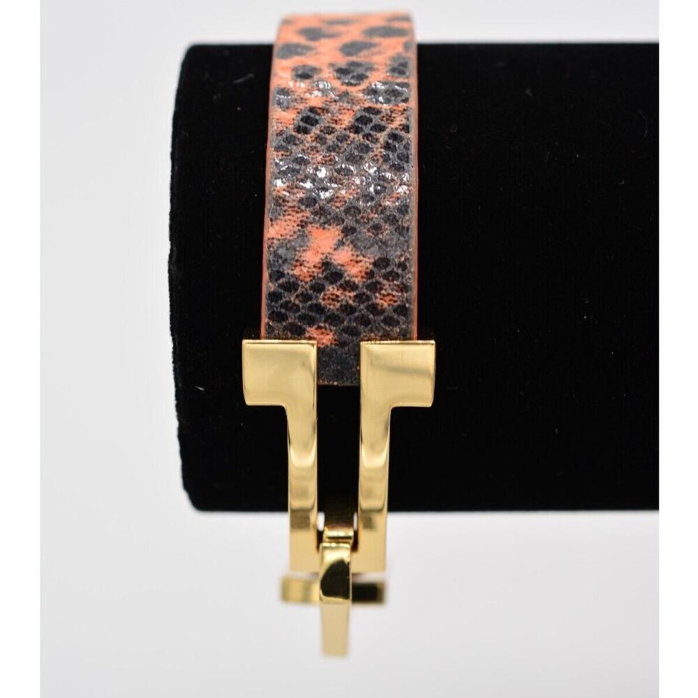Cabi Vintage ID Bracelet Gold Tone Chain Orange Reptile Metallic Signed Bin2